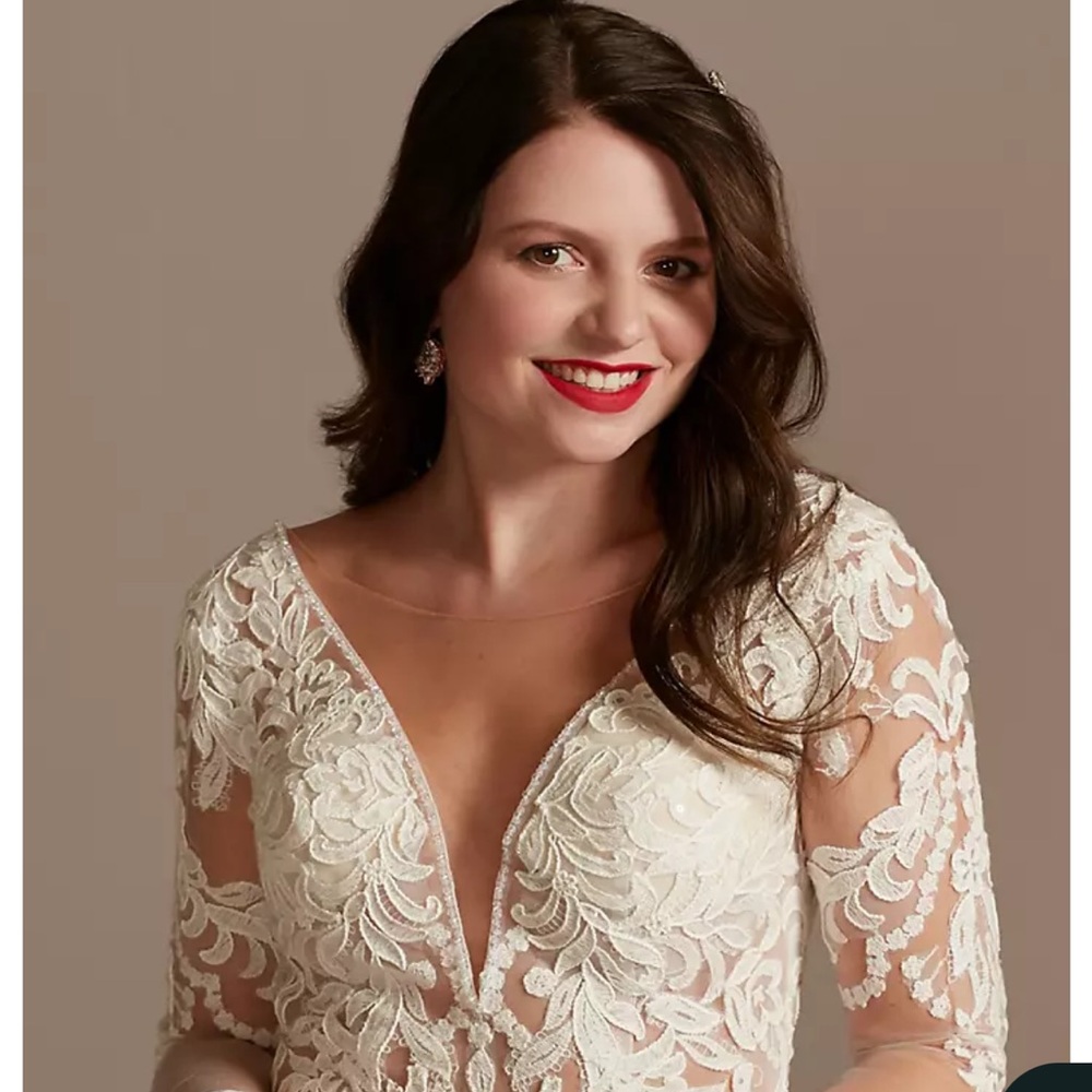 Creamy White Plunge Neck Flutter Sleeve Bridal Gown - Picture 3 of 6
